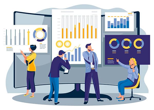 Illustration de personnes analysant des graphiques de croissance, représentant l’optimisation de la gestion et le suivi des performances d’entreprise.
