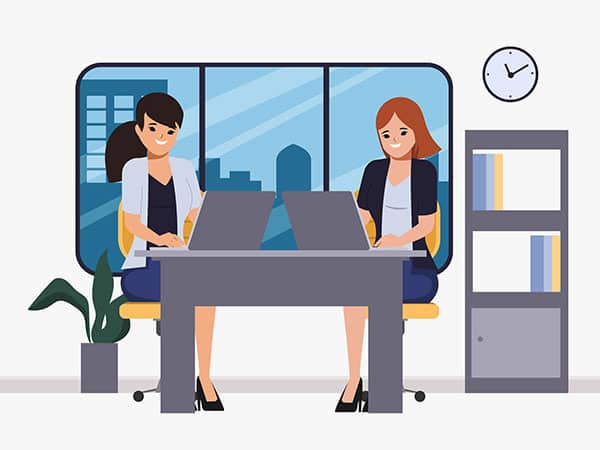 Illustration d’une femme en réunion dans un espace de coworking, représentant l’assistanat de direction et la gestion administrative en entreprise.