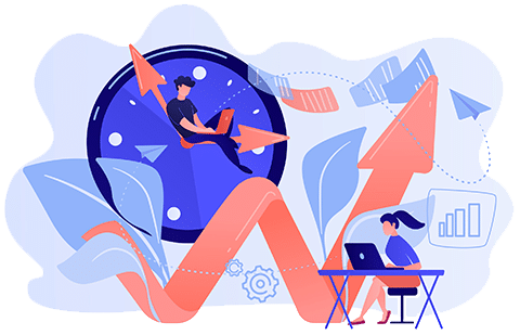 Illustration d’un homme travaillant sur l’aiguille d’une horloge et d’une femme avec un ordinateur, symbolisant l’optimisation du temps et l’efficacité d’une assistante indépendante.
