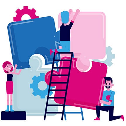 Illustration de plusieurs personnes assemblant des pièces de puzzle, représentant un travail collaboratif structuré et une gestion optimisée.