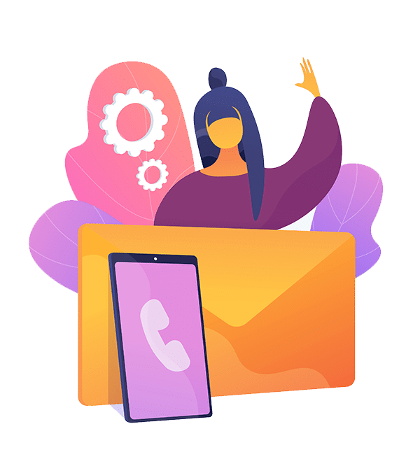 Illustration d’une personne utilisant différents moyens de communication (téléphone, e-mail, lettres), symbolisant la prise de contact et les échanges professionnels.