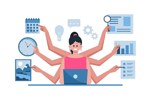 Illustration d’une femme d’affaires gérant plusieurs tâches en même temps, symbolisant l’organisation et l’efficacité en gestion administrative.