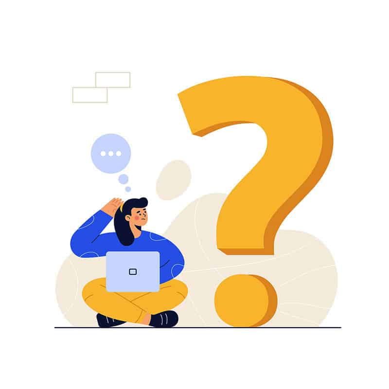 Illustration d’une femme pensive devant un ordinateur portable, regardant un grand point d’interrogation, symbolisant la prise de décision et l’assistance administrative.