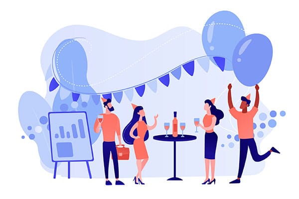 Illustration d’un groupe de personnes célébrant un événement d’entreprise, symbolisant l’organisation d’événements professionnels, séminaires et team building.
