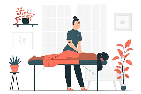 Illustration d’un professionnel réalisant un massage sur une personne assise, symbolisant le bien-être au travail et la relaxation en entreprise.