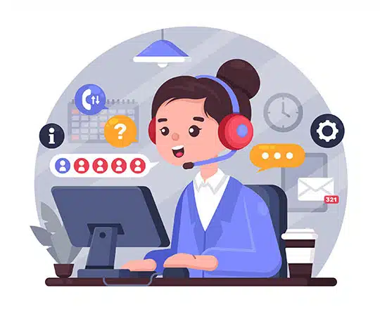 Illustration d’une femme avec un casque, offrant un support client et une assistance administrative à distance.